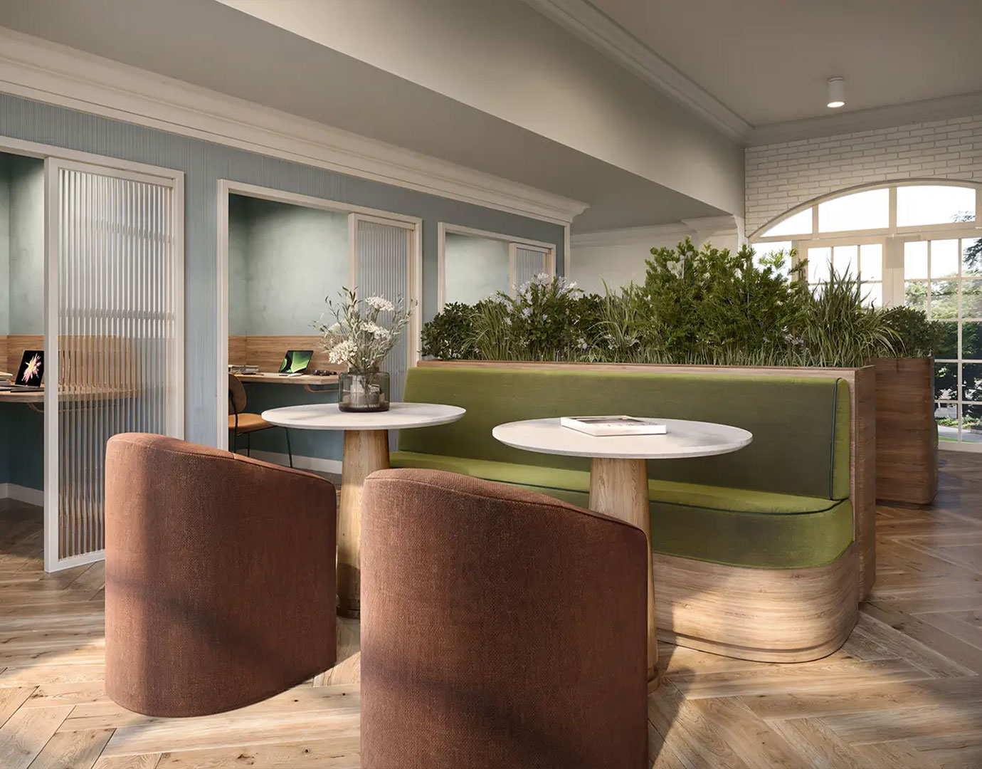 cozy lounge with tables and booth seating