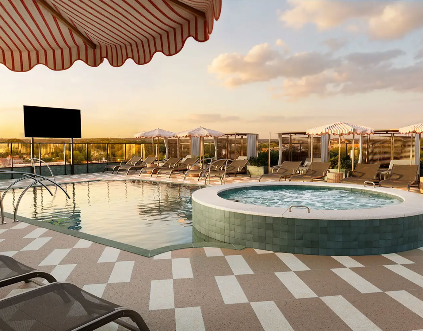 outdoor swimming pool with large-format TV