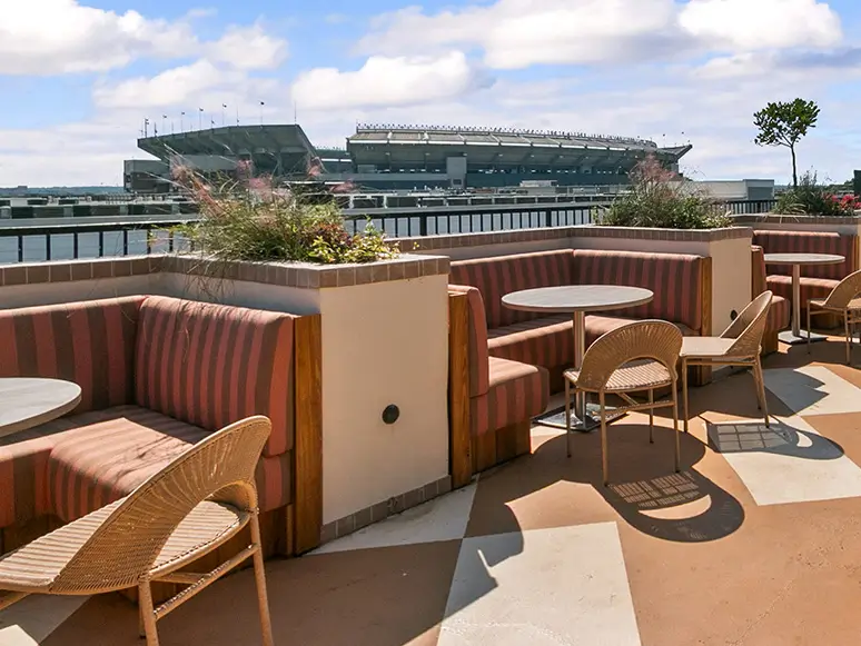 rooftop lounge with group seating