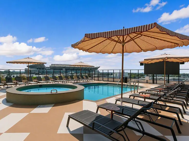 Resort style pool and spa with close up of spa